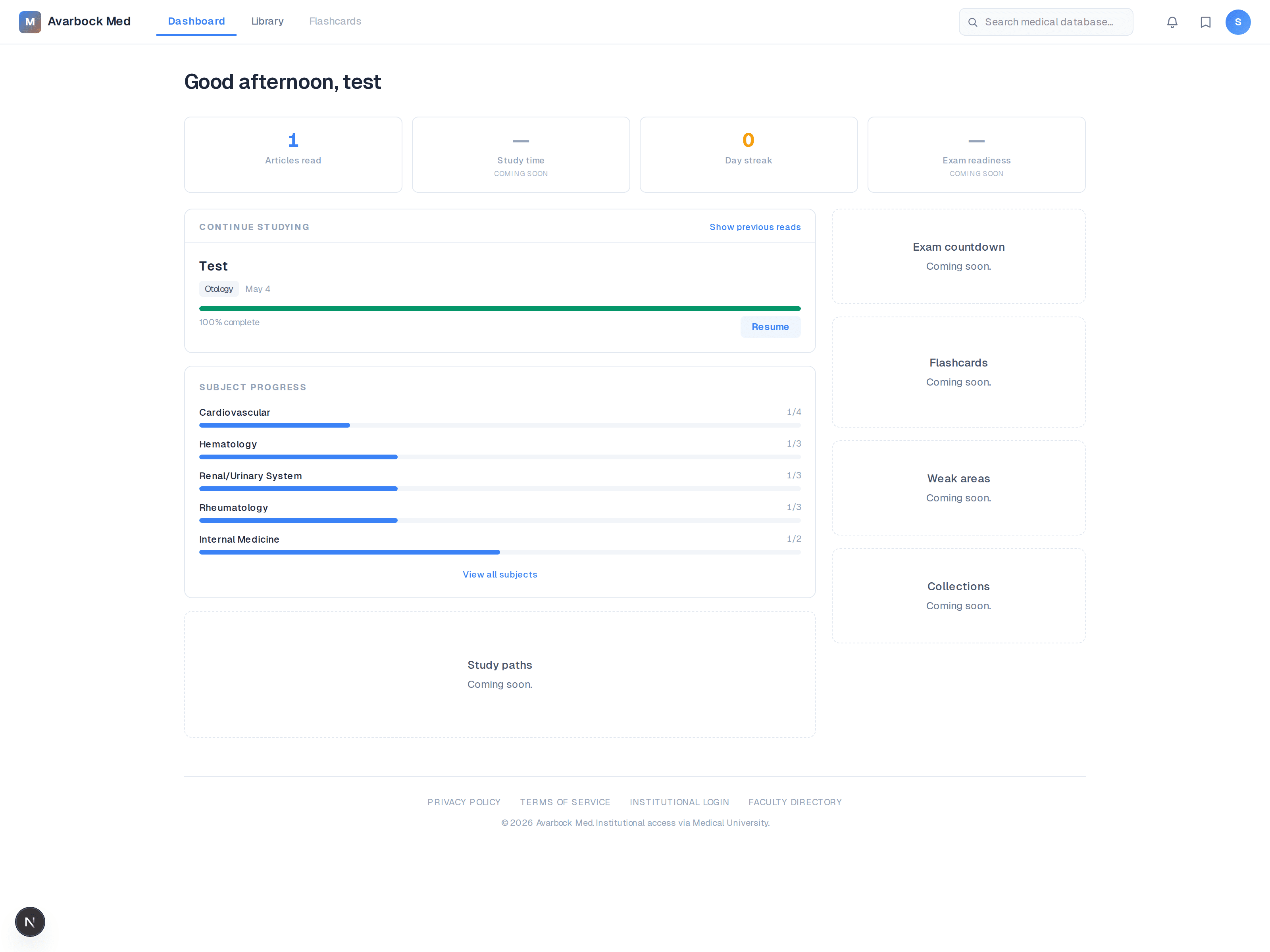 Student dashboard with read progress + Continue Studying
